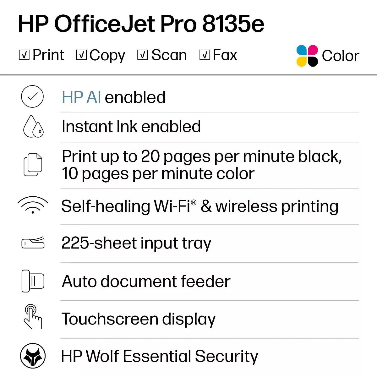 HP Officejet Pro 8135E Wireless All-In-One Color Printer Scanner Copier with 3 Months Free Instant Ink (40Q35A): Inkjet, USB, Bluetooth