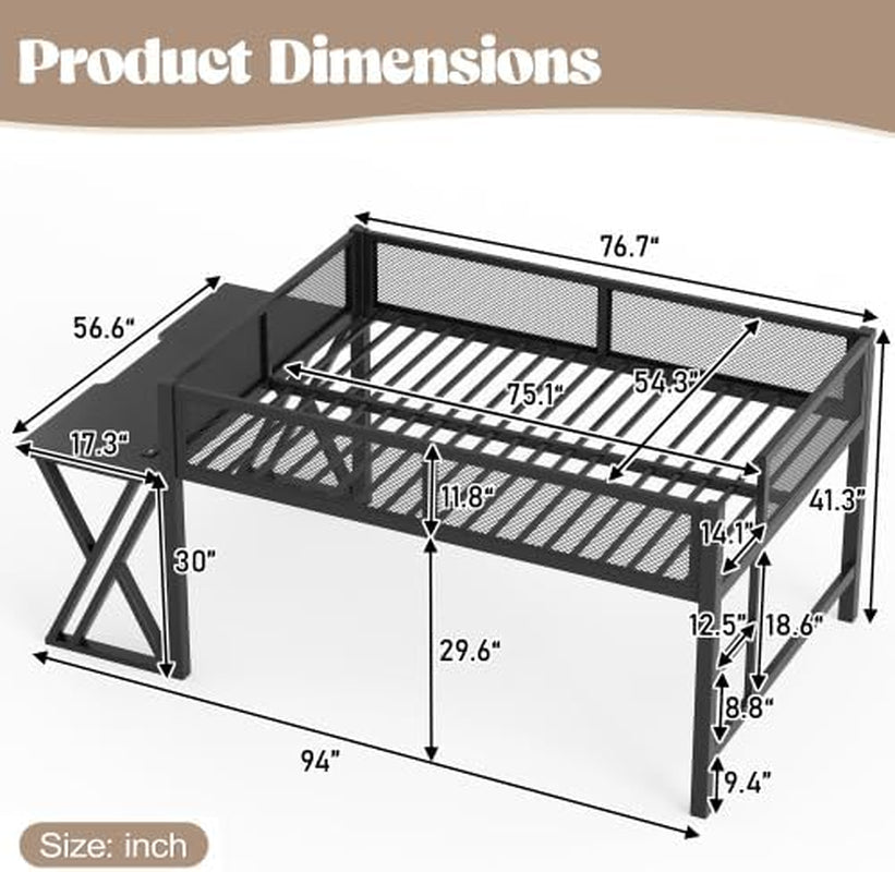 Full Size Gaming Loft Bed with Desk, USB Ports & LED Lights, Metal Loft Bed Frame with Mesh Guardrails, Space-Saving for Dorms, Bedrooms, & Gaming Setups (Black/Full)