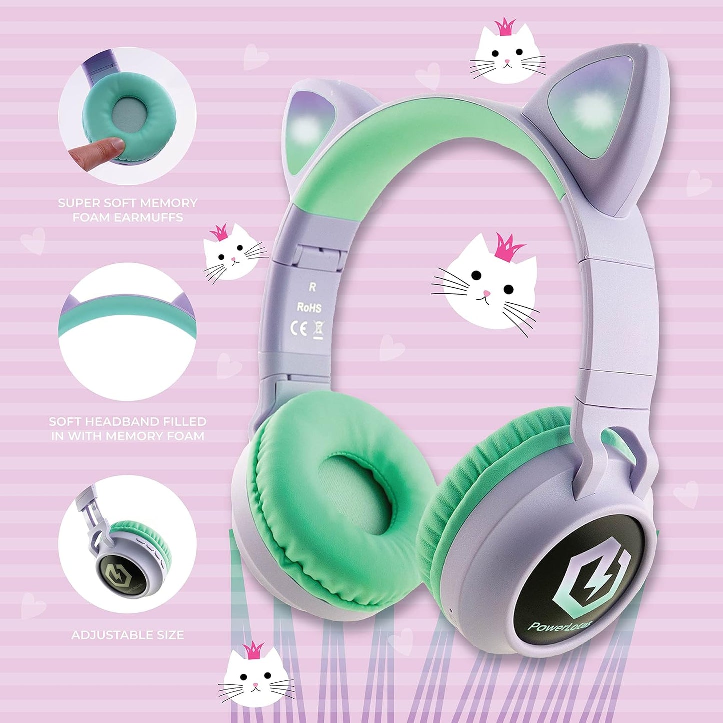 Kids Cat Ear Headphones, Bluetooth 5.3 Wireless, LED Lights, Safe Volume Limit, Micro SD/TF, for Ipad, Tablet, Travel (Purple/Teal)