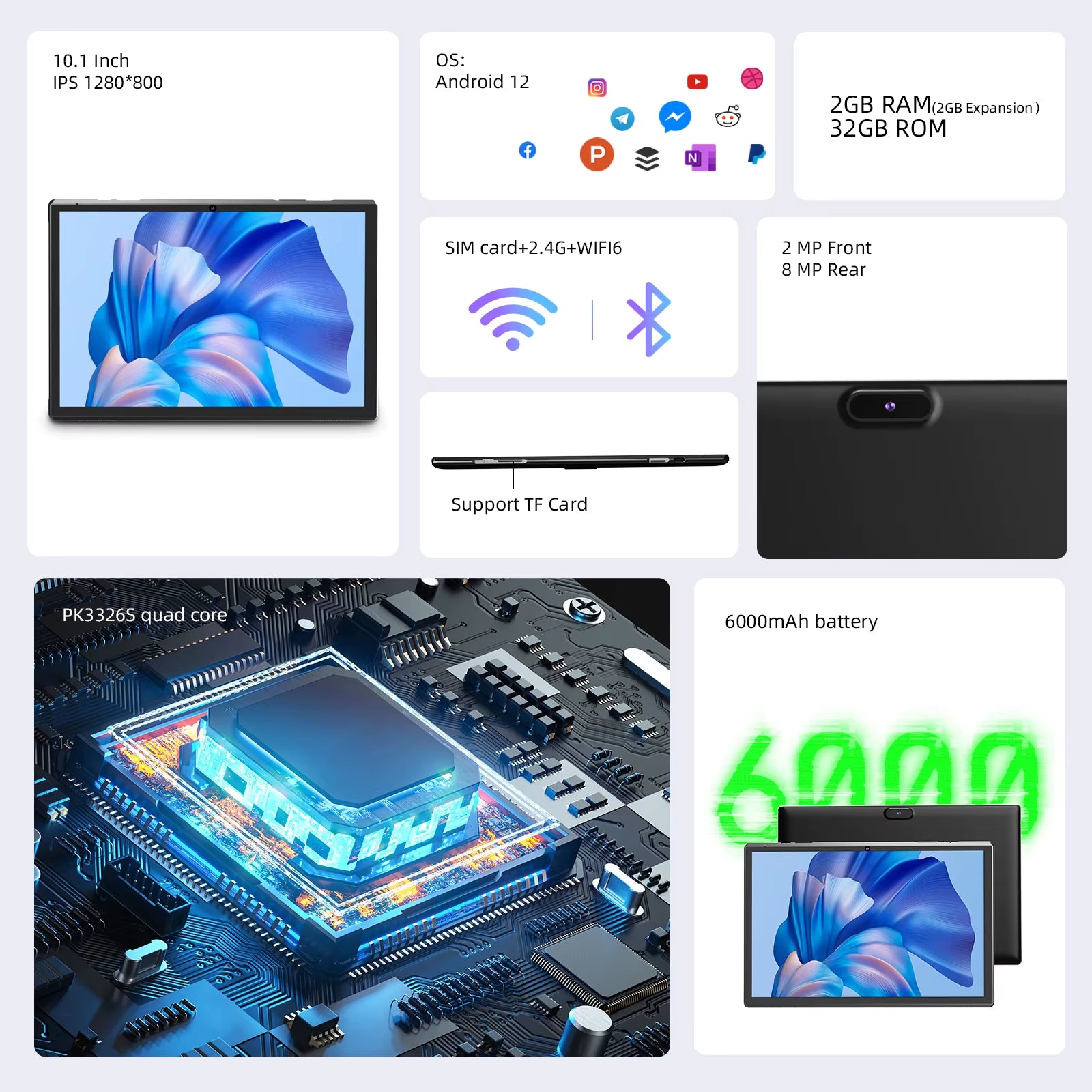 10 Inch Android 14 Tablet, RK3326S 4-Core 4GB (2GB+2GB Expansion)Ram 32GB ROM, 10.1 Inch Tablet,