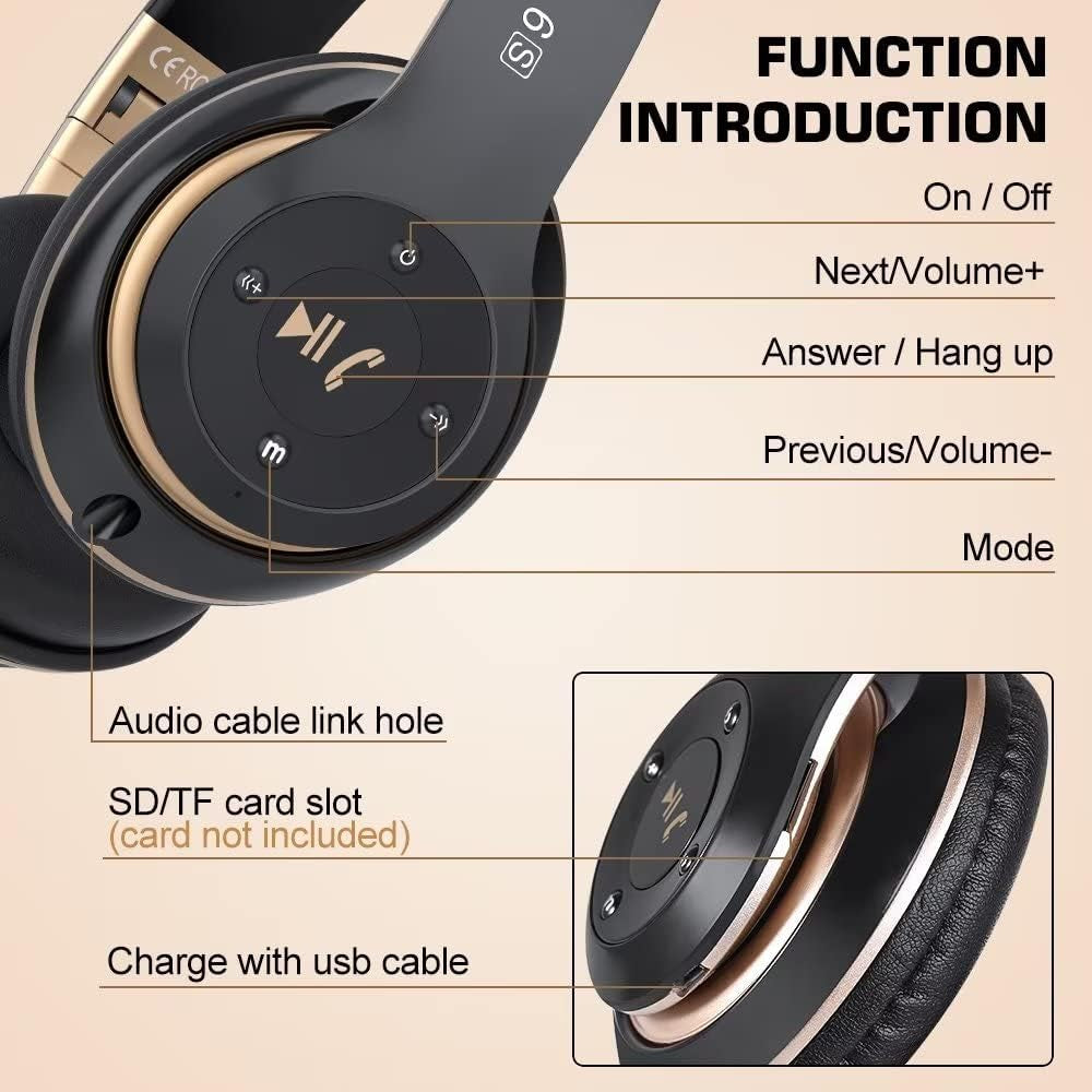 6S Wireless Bluetooth Headphones over Ear, Hi-Fi Stereo Foldable Wireless Stereo Headsets Earbuds with Built-In Mic, Volume Control, FM for Phone/Pc (Black & Gold)