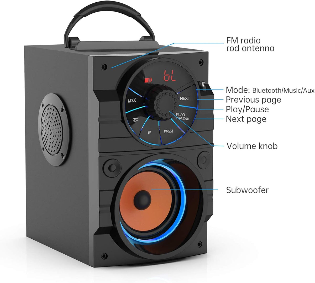 Portable Big Bluetooth Speakers with Light, Wireless with Subwoofer, FM Radio, LED Lights, EQ, Booming Bass, Bluetooth 4.2 Stereo Loud Outdoor/Indoor Retro, for Home, Camping, Travel, Black
