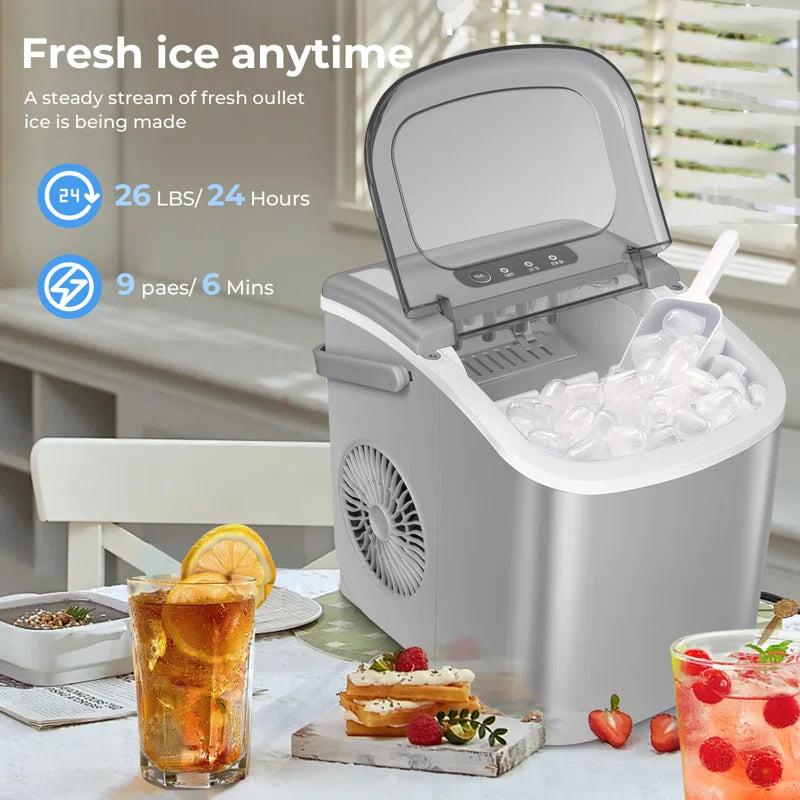 Countertop Ice Maker Ice Machine with Handle,Self-Cleaning Ice Makers, 26Lbs/24H, 9 Ice Cubes Ready in 6 Mins for Home/Kitchen/Bar/Party/Camping