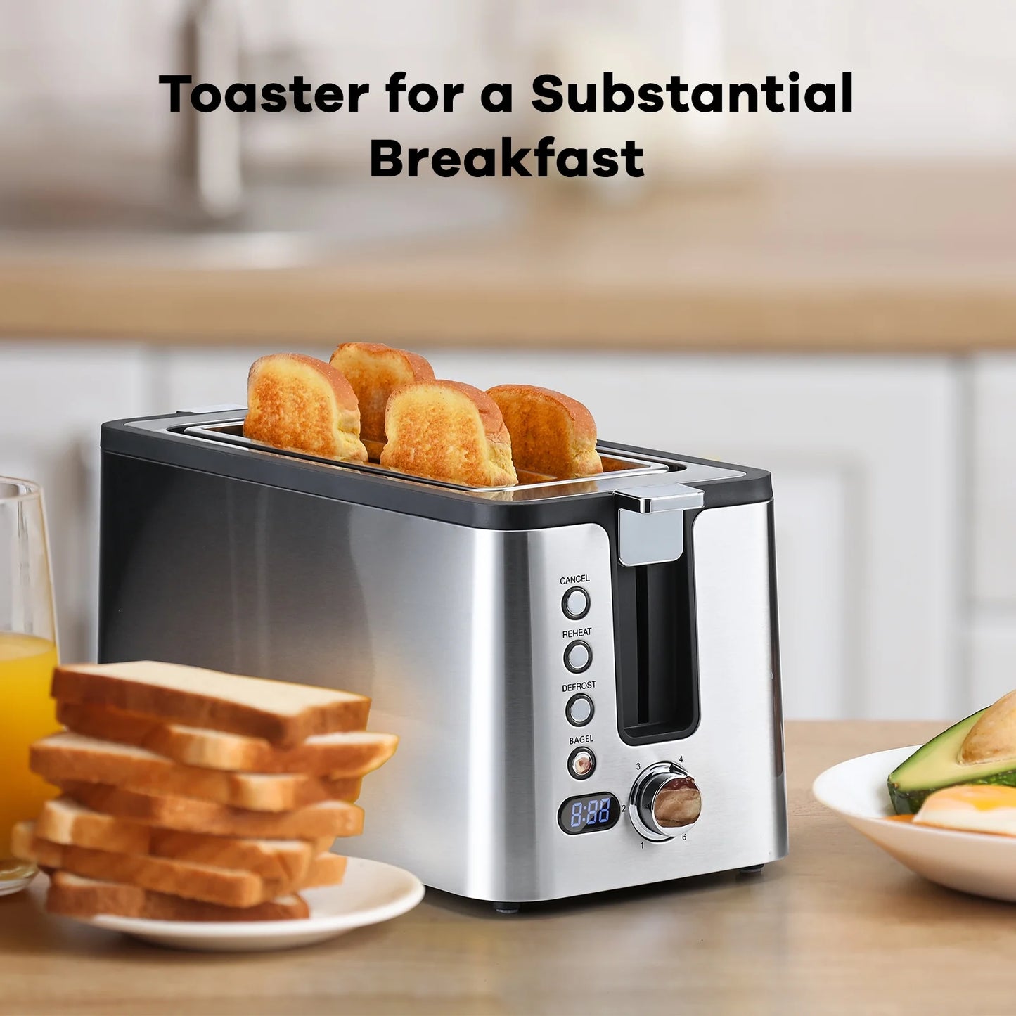 4-Slice Stainless Steel Toaster with Digital Countdown Timer & Warming Rack, 1300W, Silver