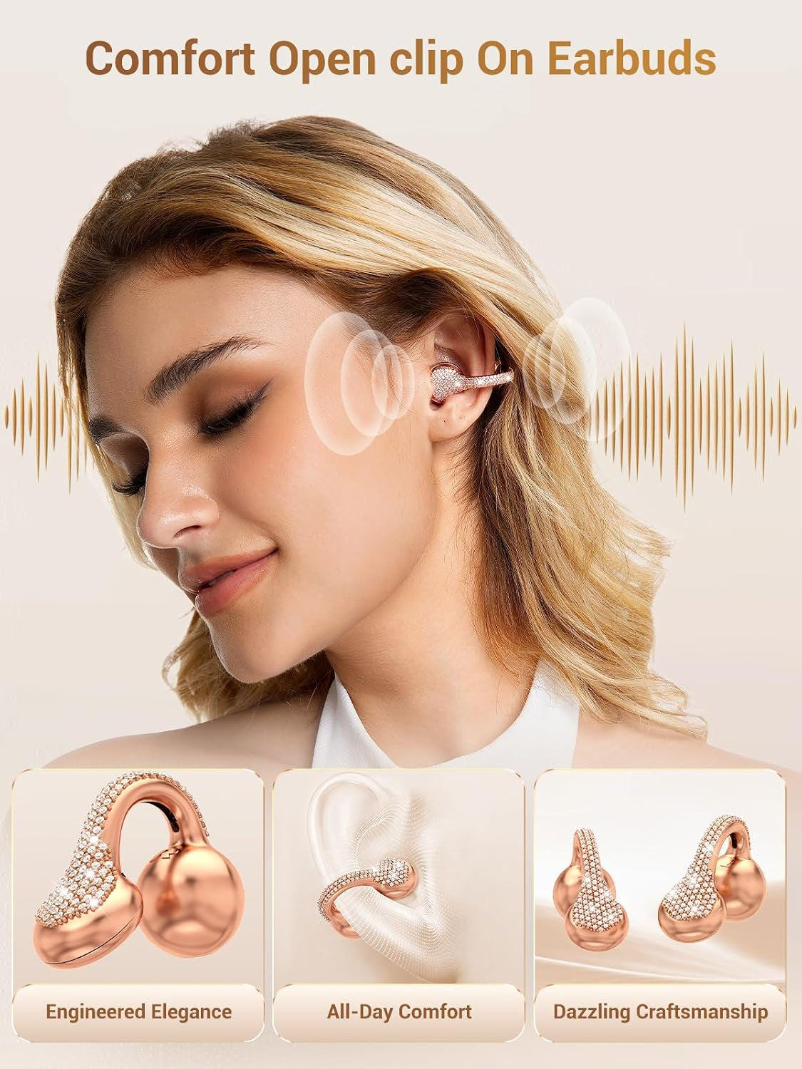 Jewelpods C01 Pro Open Ear Headphones, Luxury Jewelry Earbuds, Rose Gold | Clip-On Wireless Bluetooth Earbuds Secure, Lightweight, Premium Audio-Water Resistant-Up to 72 Hrs Play,Gift for Her