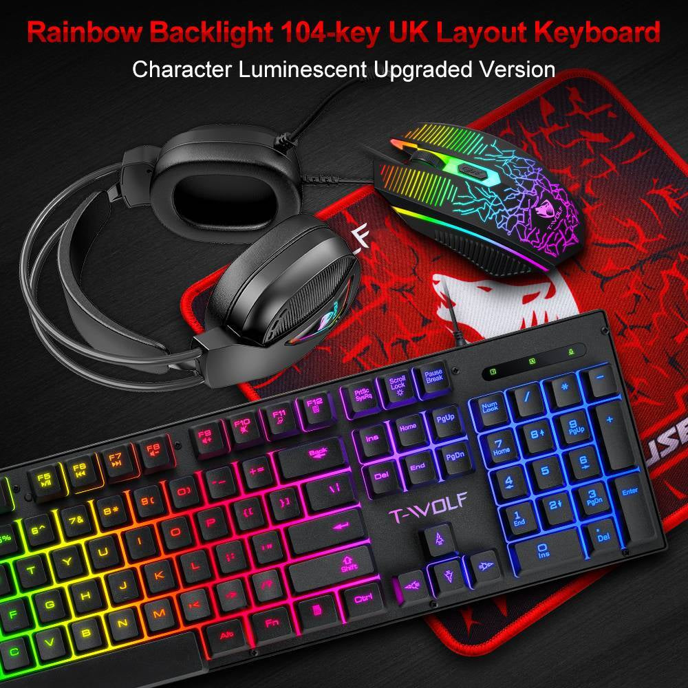 RGB PC Gaming Keyboard Mouse & Headset Set LED Gamer Bundle Mechanical Kits 4IN1