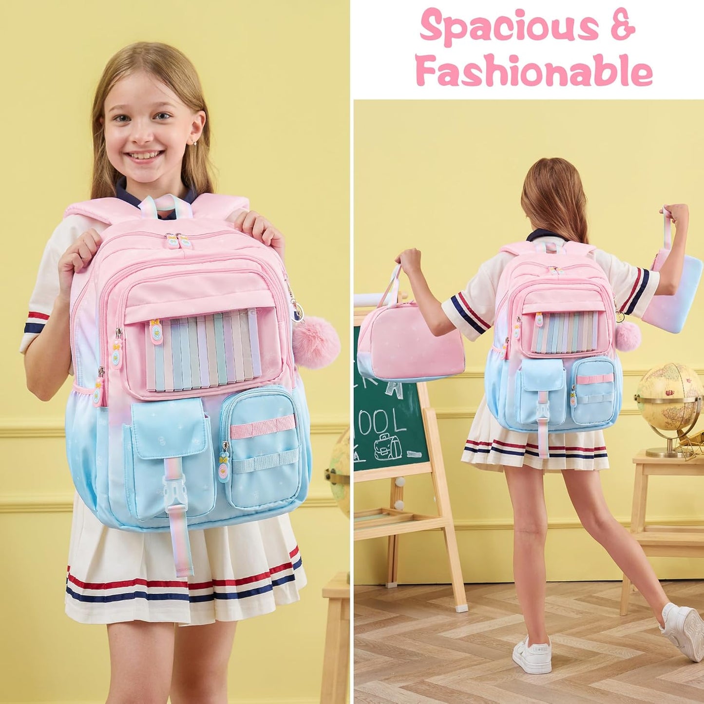Backpack for Girls, 3 PCS Waterproof Kids Backpack with Lunch Box & Pencil Case, Gradient Backpacks for Teen Girl Kindergarten Elementary Middle High School Student Back to School Bookbag Set