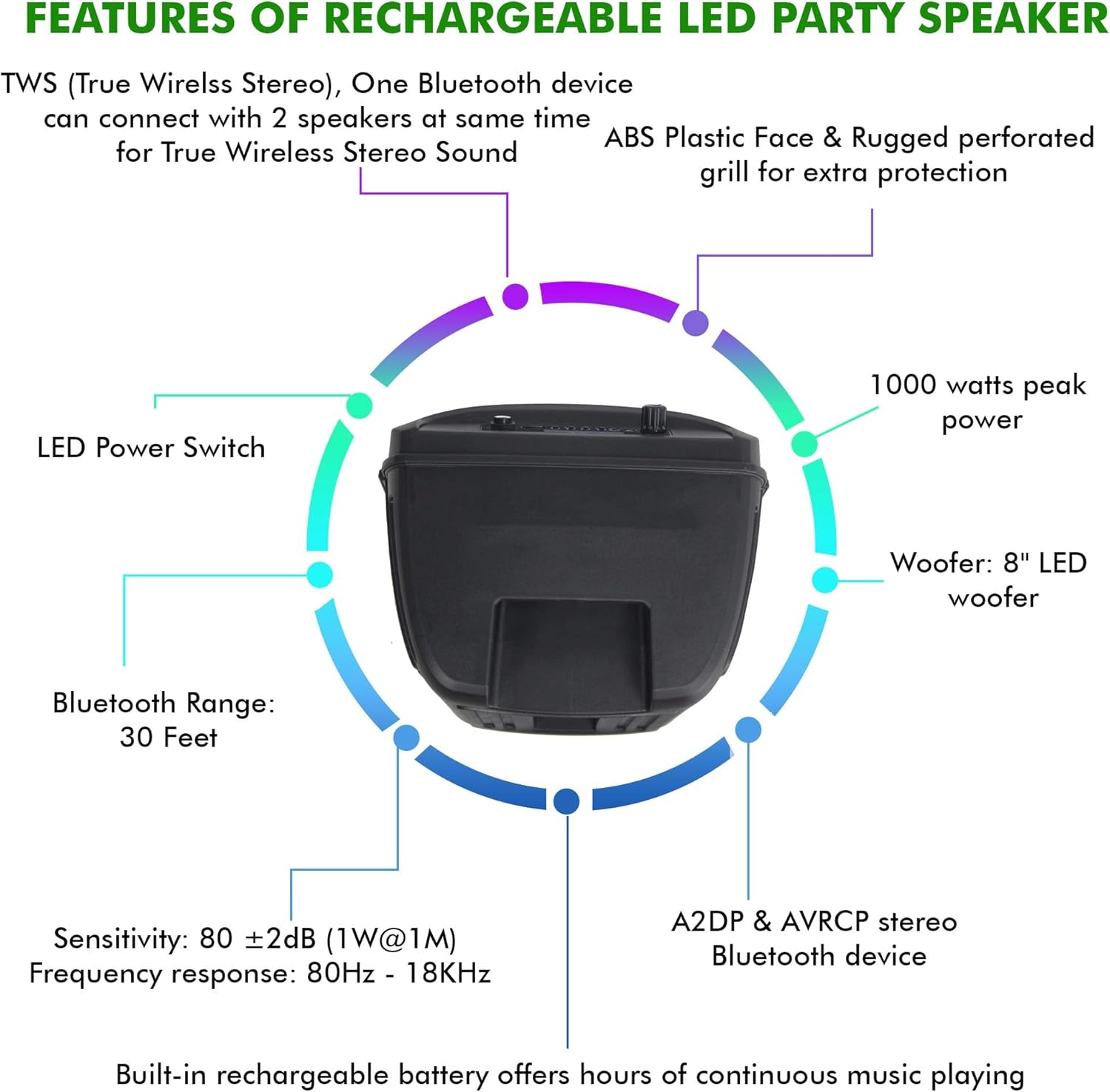 8 Inch Portable 800 Watts Bluetooth Speaker with Woofer & Tweeter, Festival PA LED Speaker with Bluetooth/Usb Card, True Wireless Stereo, 30 Feet BT Range