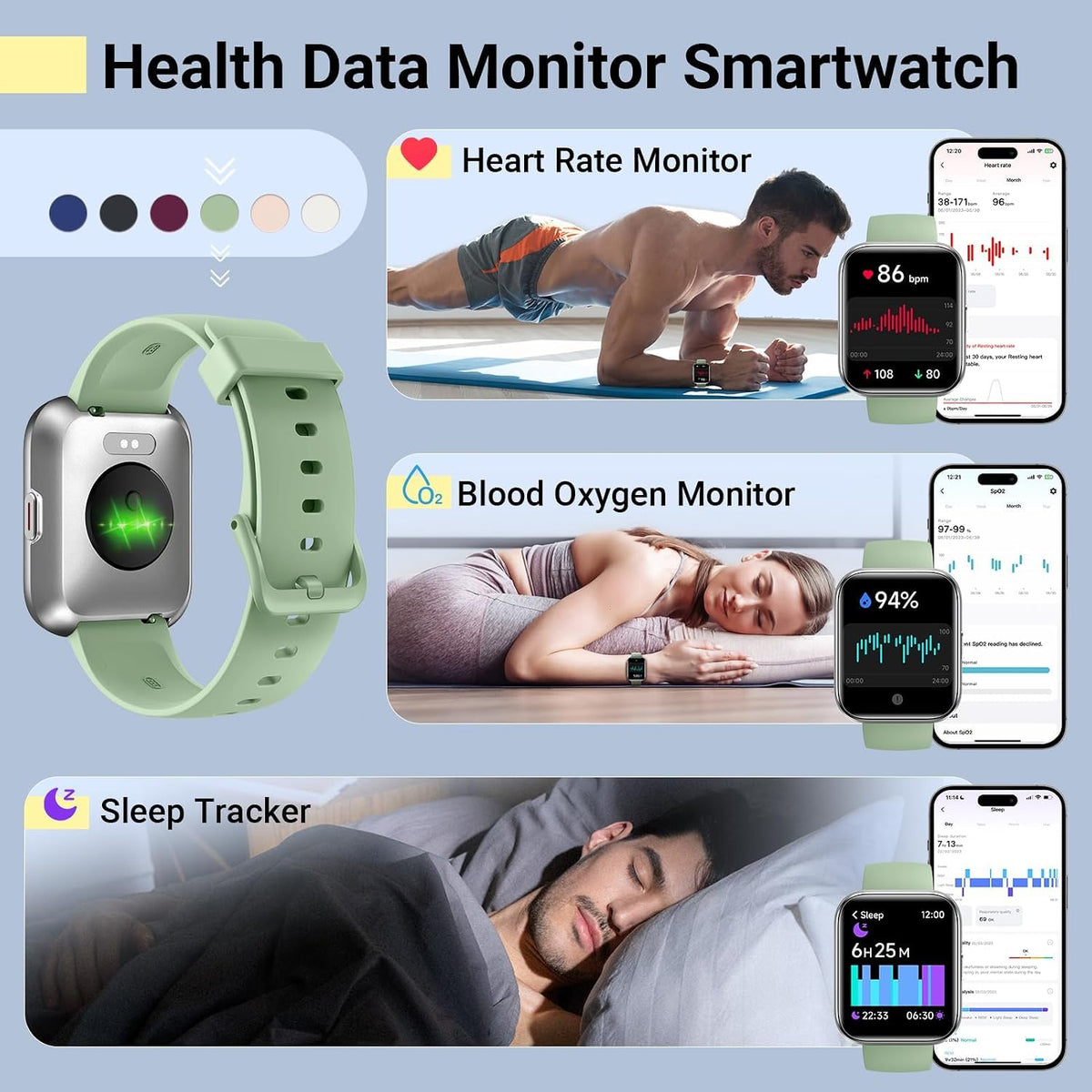 Smart Watches for Women/Men, Smart Watch for Android Phones & Iphone, Fitness Watches for Women with Alexa, Call & Notification Alerts, Tracks Heart Rate/Sleep Smartwatches (Green, 1.8 Inches)