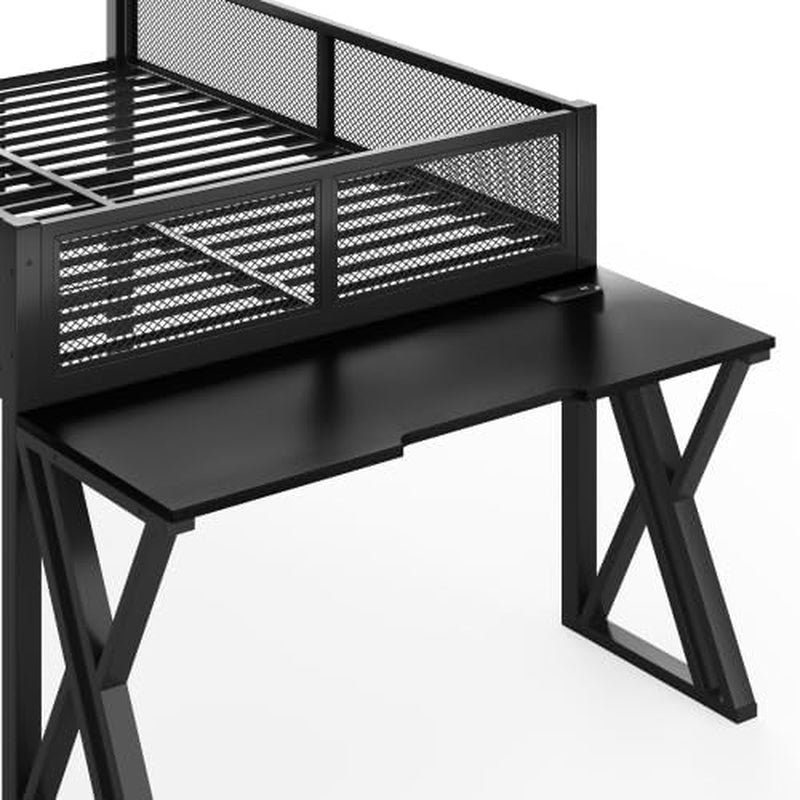 Full Size Gaming Loft Bed with Desk, USB Ports & LED Lights, Metal Loft Bed Frame with Mesh Guardrails, Space-Saving for Dorms, Bedrooms, & Gaming Setups (Black/Full)