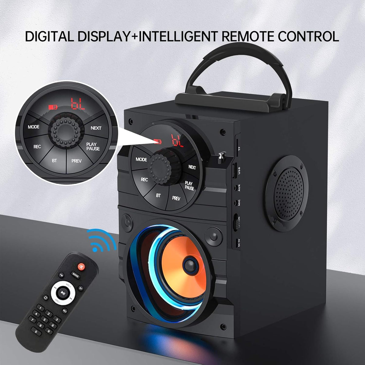Portable Big Bluetooth Speakers with Light, Wireless with Subwoofer, FM Radio, LED Lights, EQ, Booming Bass, Bluetooth 4.2 Stereo Loud Outdoor/Indoor Retro, for Home, Camping, Travel, Black