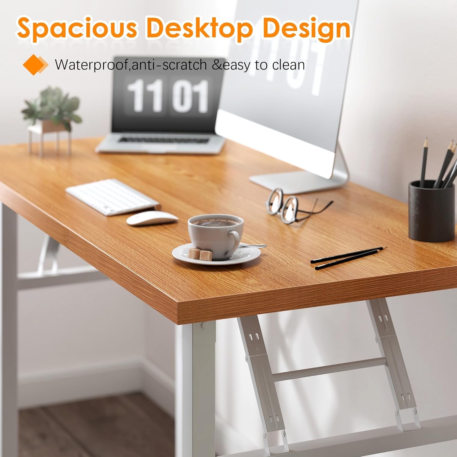 Computer Desk Office Desk 62 Inches Folding Table with BIFMA Certification Conference Table Workstation,Teak White