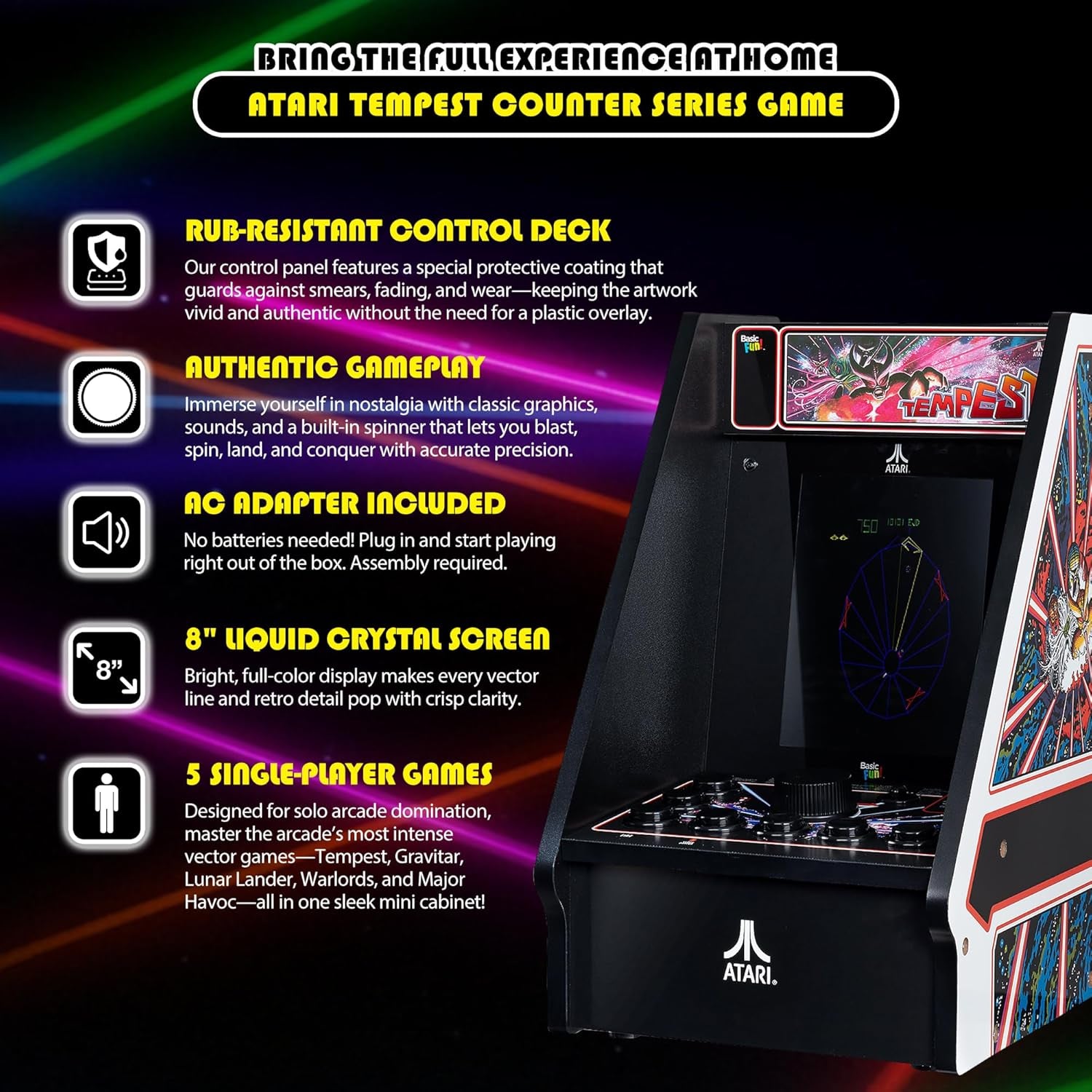 - Atari Tempest Counter Series Game Machine, 5 Games, 8" Liquid Crystal Screen - Mini Cabinet, Portable Gaming, Retro, Countertop Console, Basement Decoration, Man Cave