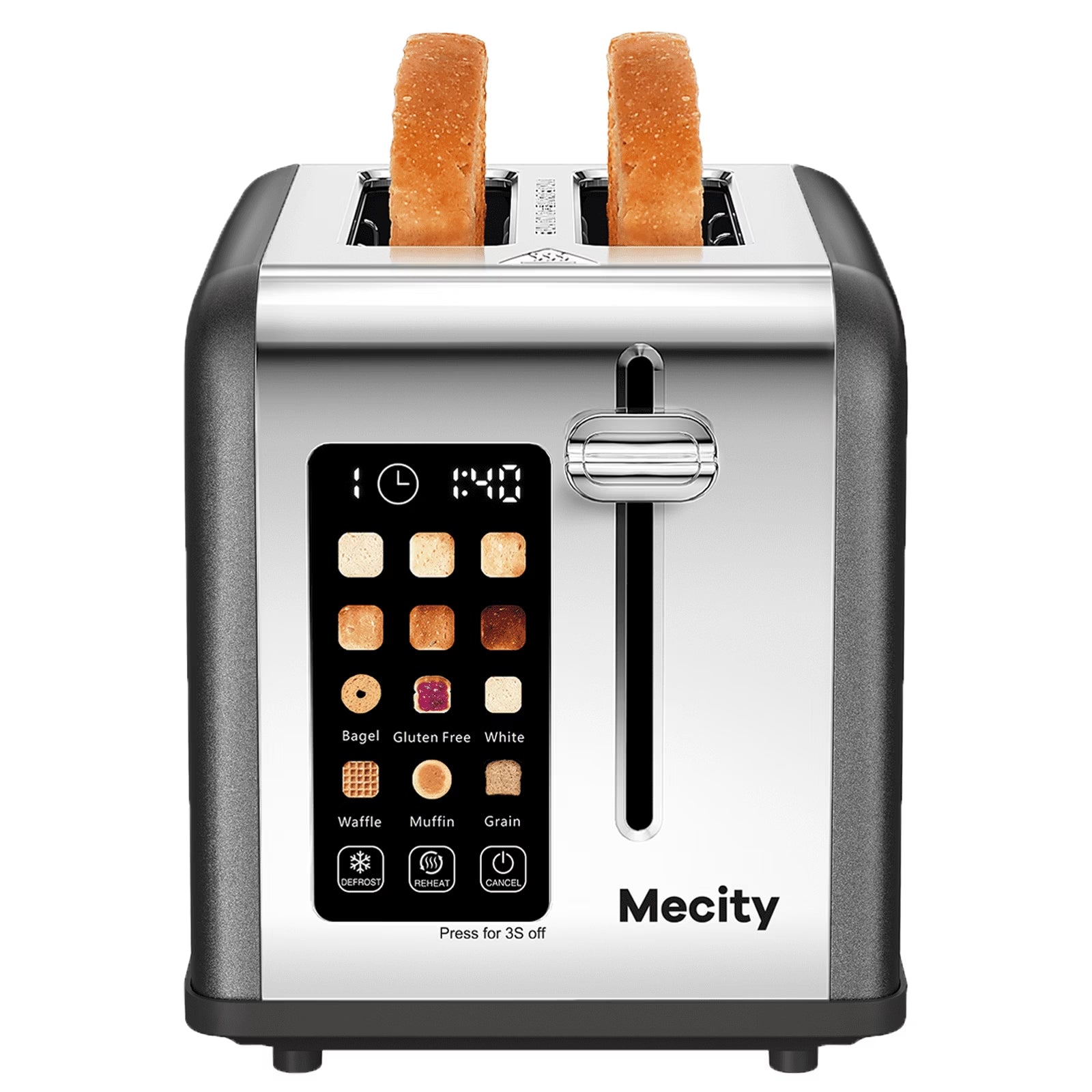 4-Slice Toaster with Touchscreen, Stainless Steel, Wide Slots, 6 Browning Settings, Digital Display, Reheat, Defrost, Crumb Tray, Matte Black