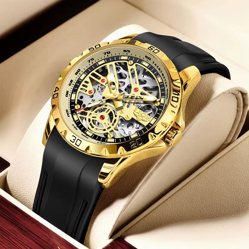 Luxury Men Watches Automatic Mechanical Wristwatch Skeleton Design Waterproof Silicone Strap Male Watch Reloj Hombre+Box