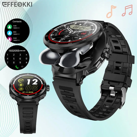 2 in 1 Smart Watch with Earbuds round Screen Fitness Watch for Men NFC Multiple Sport Compatible with Iphone Android