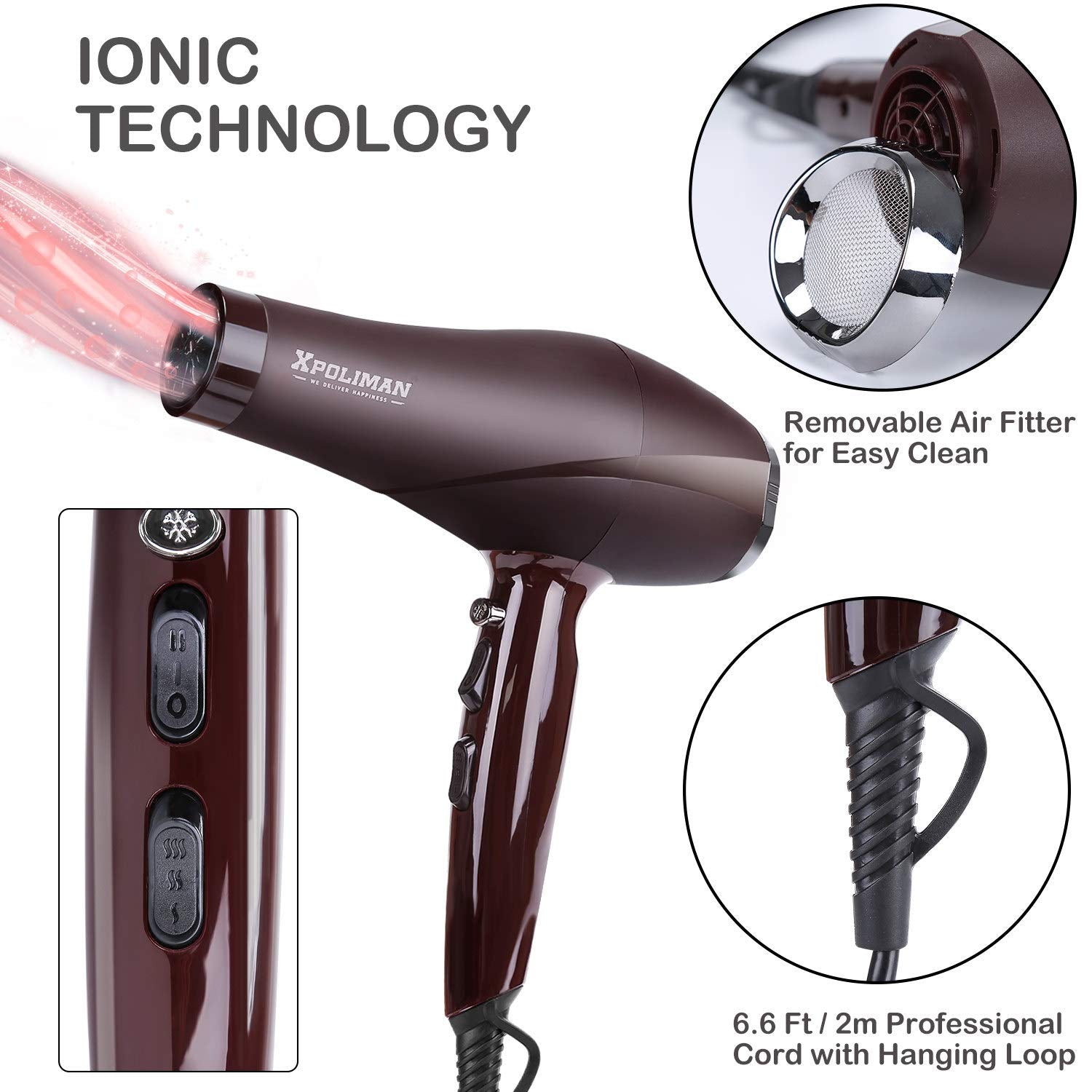 2000 Watt Hair Dryer, Negative Ionic Blow Dryer with Diffuser Concentrator Comb, 2 Speed 3 Heat Settings, Low Noise Long Life Style-Brown/Purple