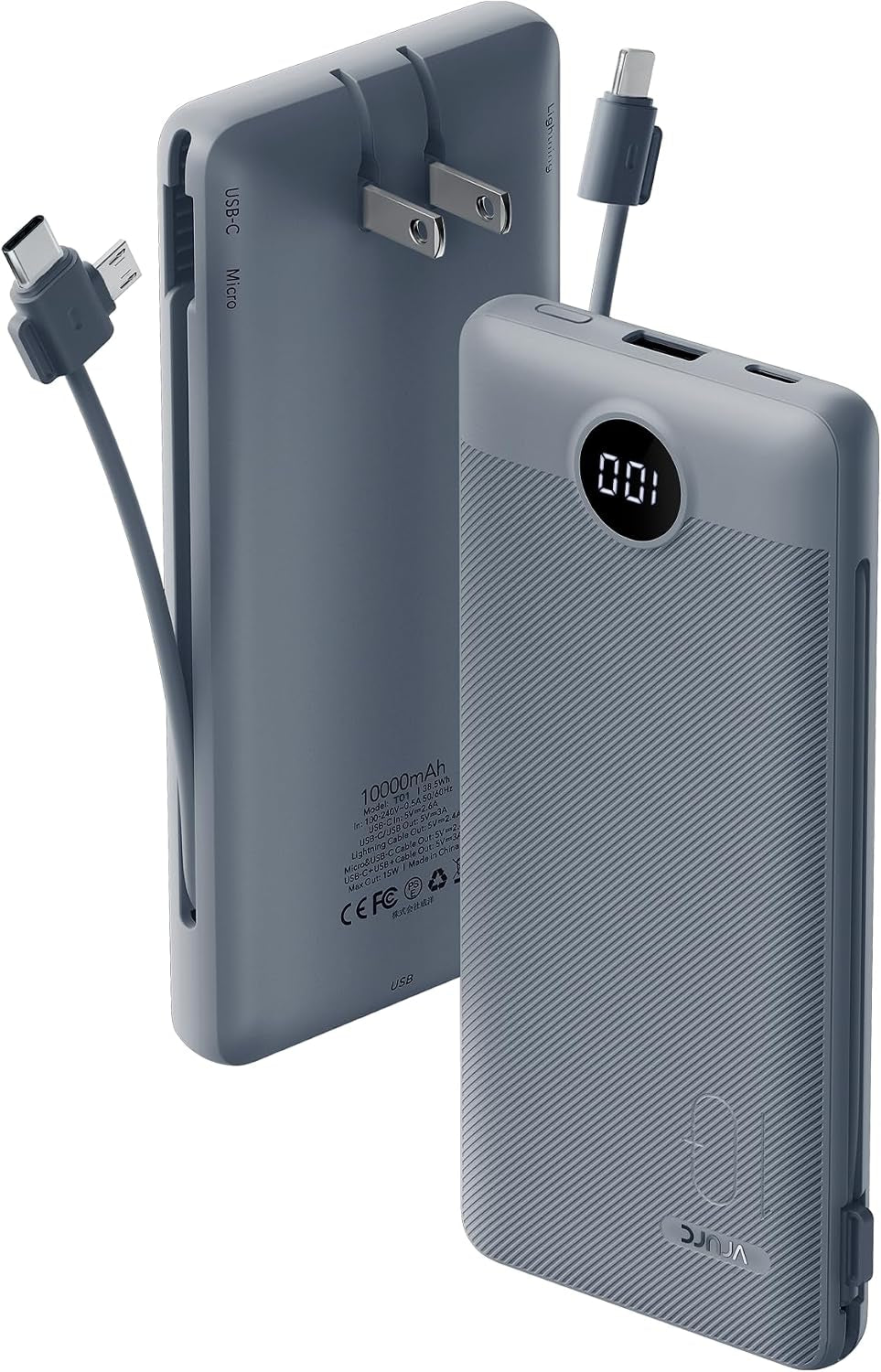Portable Charger Built-In Cables and AC Wall Plug, USB C Power Bank 10000Mah, Travel Battery Portable Phone Charger Compact Lightweight External Battery Pack for Smart Phones, Tablets Etc-Grey