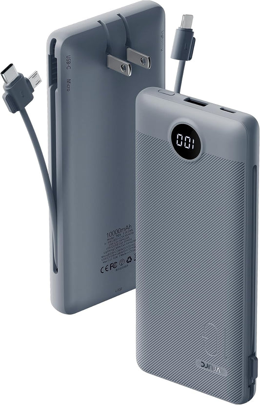 Portable Charger Built-In Cables and AC Wall Plug, USB C Power Bank 10000Mah, Travel Battery Portable Phone Charger Compact Lightweight External Battery Pack for Smart Phones, Tablets Etc-Grey