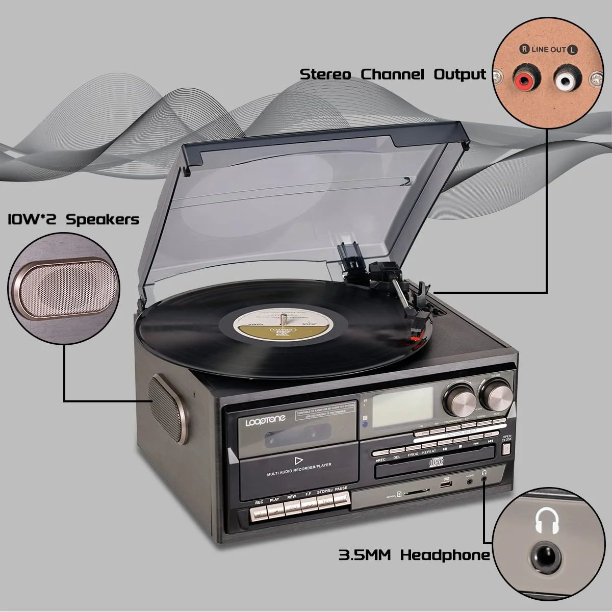Vinyl Record Player Turntable with Bluetooth, CD, Tape, Radio, USB Recorder, Stereo Home System
