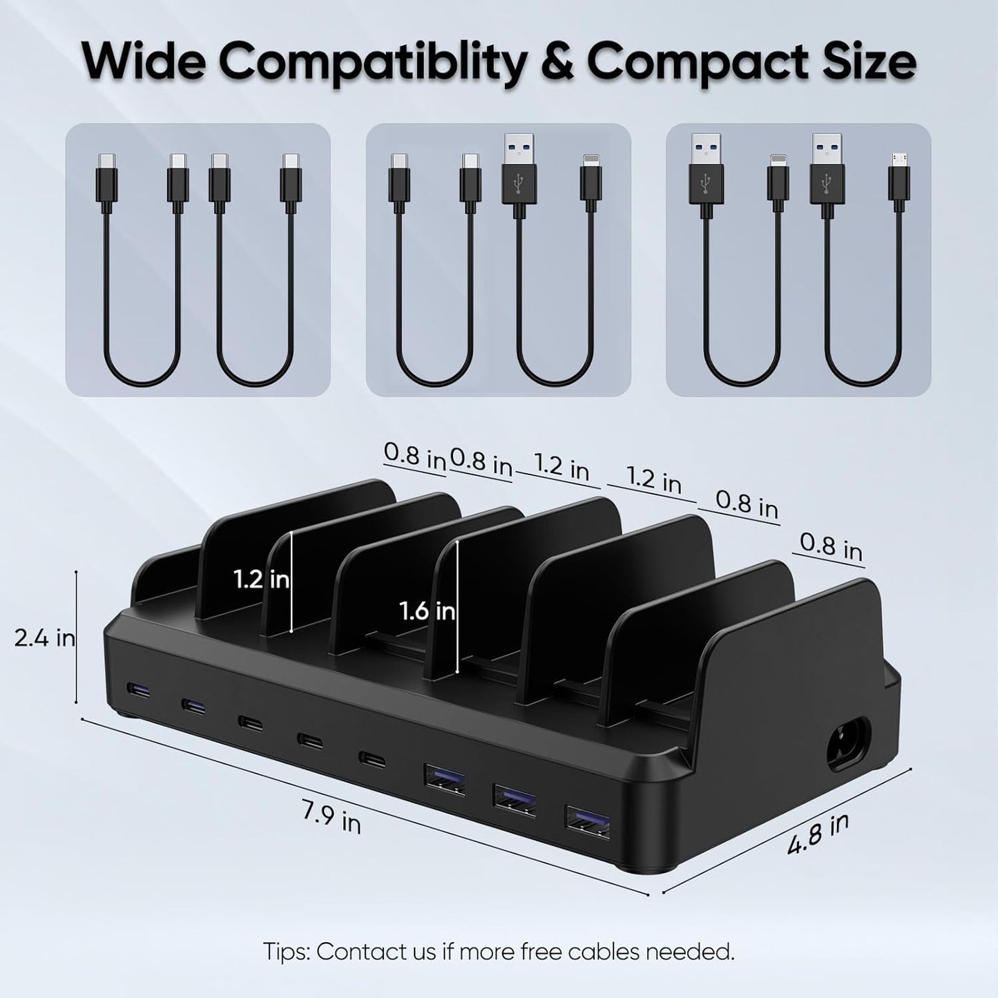 300W Charging Station for Multiple Devices, 8 Port Multi USB C Fast Charger Station Dock for Macbook Iphone 17/16/15/14/13/12 Samsung Pixel Series Ipad, Black (6 Mixed Short Cables Included)