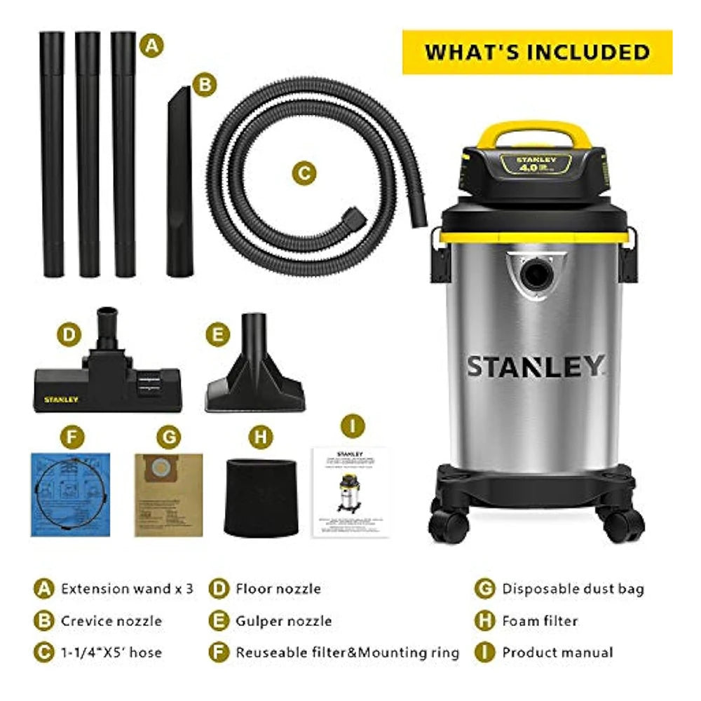 [US Direct] 3-In-1 Wet Dry Vacuum Cleaner 4 Gallon, 4 Peak HP, Stainless Steel Tank with Top Handle Shop Vacuum Cleaner with Blower for Home, Garage, Car, Workshop, Pet Hair