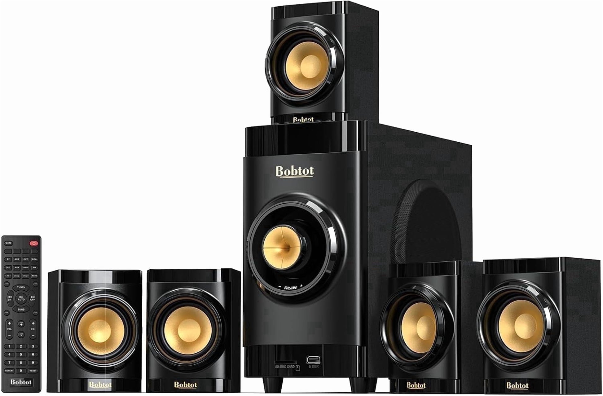 5.1 Surround Sound System,200W Bluetooth Speaker System for TV,5 Wired Speakers 4 Inch Woofer Built-In Receiver, Support ARC Optical Bluetooth Input,Home Stereo Theater Systems