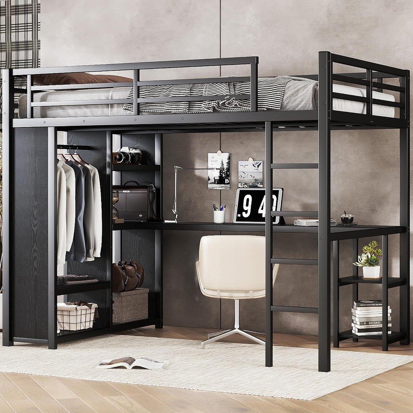 Full Size Loft Bed with Desk and Storage Shelves, Full Size Loft Bed with Wardrobe, Hanging Rod, Guardrail and Ladder, Balck