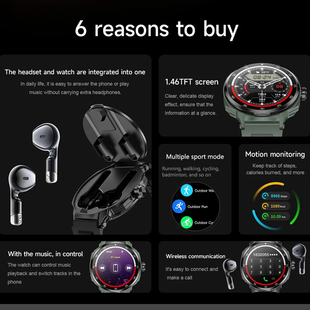 2 in 1 Smart Watch with Earbuds round Screen Fitness Watch for Men NFC Multiple Sport Compatible with Iphone Android