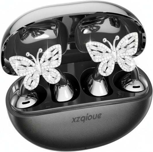 Jewelry-Inspired Clip on Earbuds,Comfortable Fit Open Ear Clip-On Headphones,Wireless Bluetooth Ear Cuff Headphones for Women,Earrings Earbuds for Running,Office,Sport&Gift (Butterfly - Black)