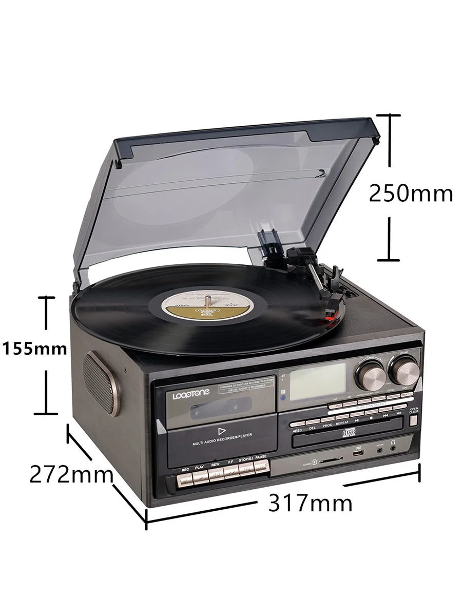 Vinyl Record Player Turntable with Bluetooth, CD, Tape, Radio, USB Recorder, Stereo Home System