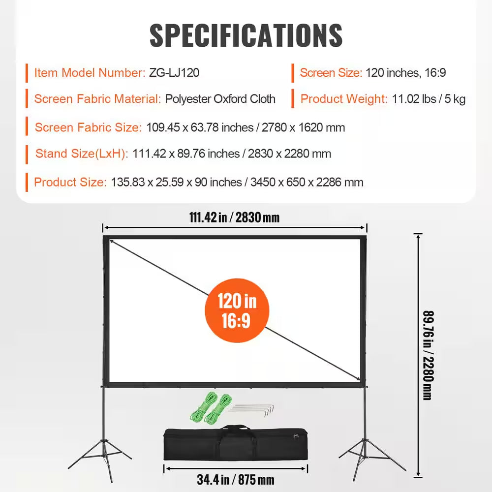 Projector Screen 120 In. with Stand Outdoor Movie Screen with Stand Wrinkle-Free Projection Screen