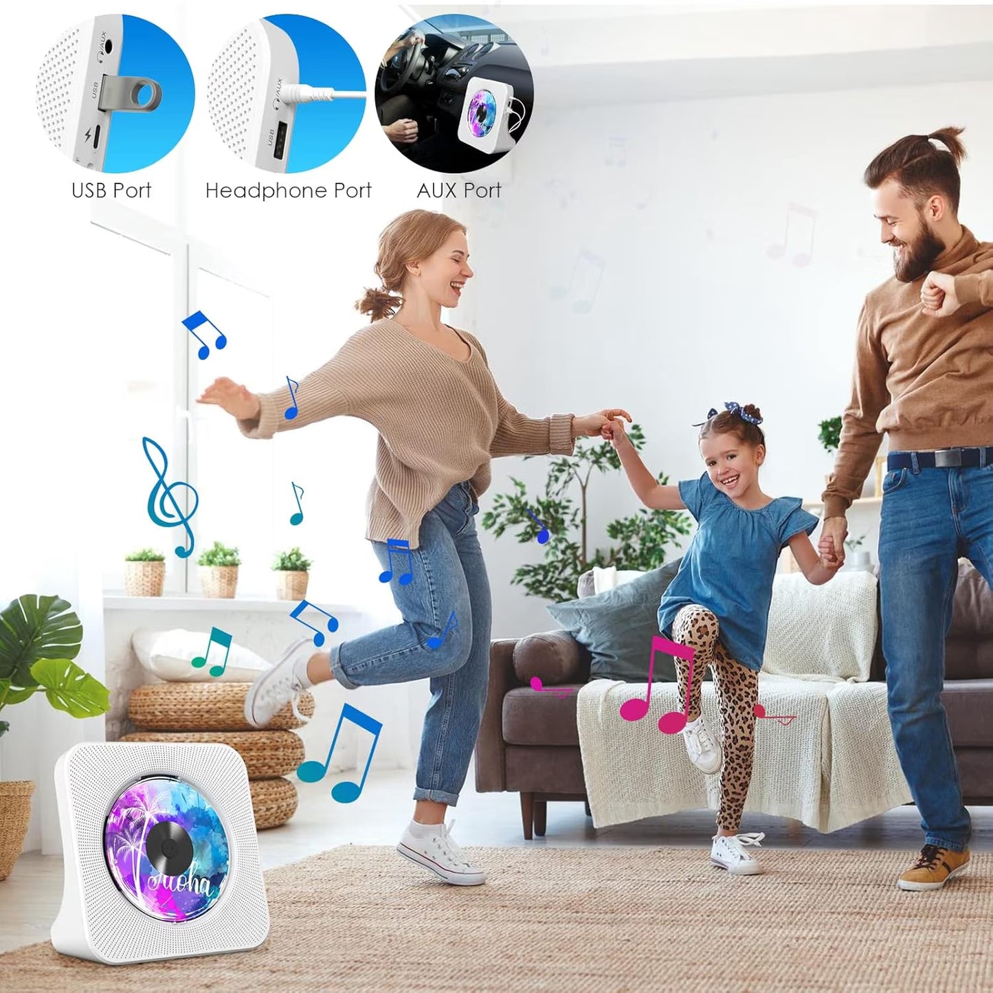 Portable CD Player with Bluetooth, Desktop CD Music Players for Home Built-In Double Hifi Sound Speakers, Support AUX&USB Headphone Jack, FM Radio Boombox, LCD Screen Display for Kids Gift