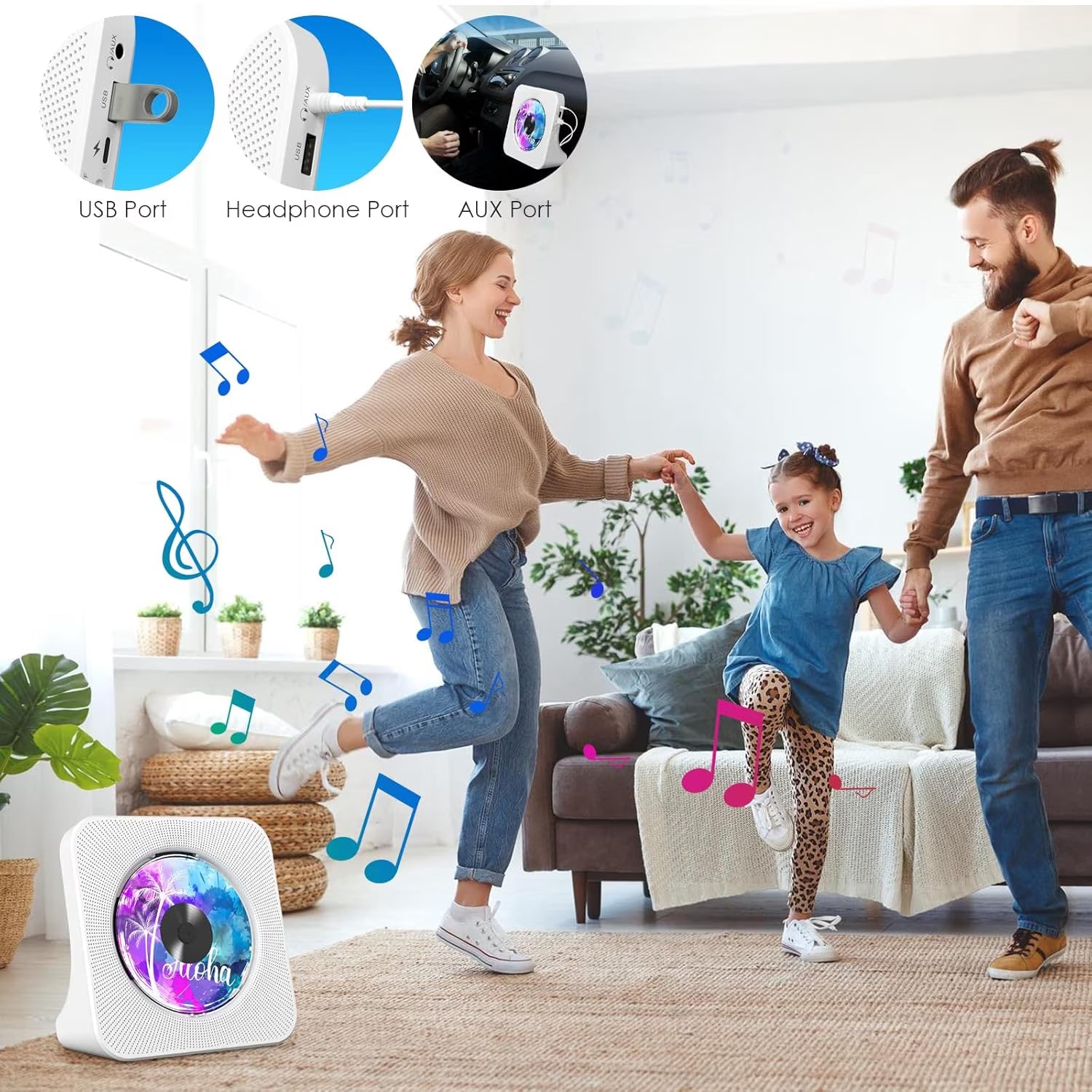 Portable CD Player with Bluetooth, Desktop CD Music Players for Home Built-In Double Hifi Sound Speakers, Support AUX&USB Headphone Jack, FM Radio Boombox, LCD Screen Display for Kids Gift