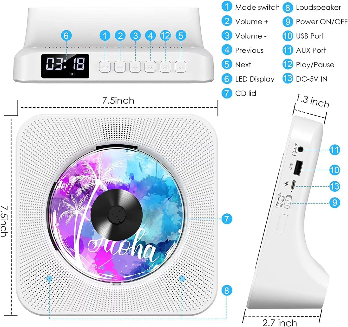 Portable CD Player with Bluetooth, Desktop CD Music Players for Home Built-In Double Hifi Sound Speakers, Support AUX&USB Headphone Jack, FM Radio Boombox, LCD Screen Display for Kids Gift