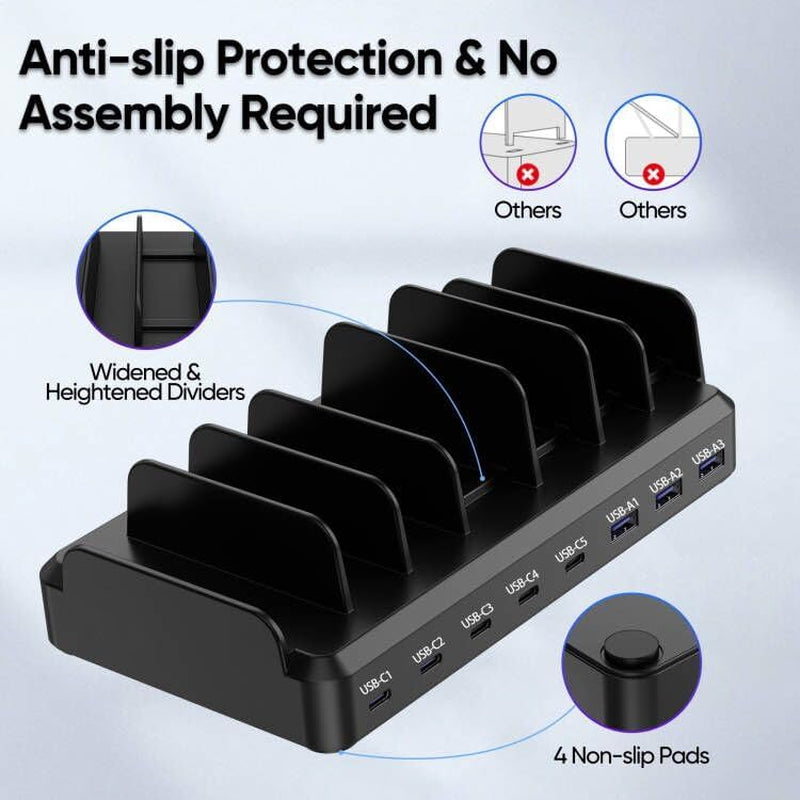 300W Charging Station for Multiple Devices, 8 Port Multi USB C Fast Charger Station Dock for Macbook Iphone 17/16/15/14/13/12 Samsung Pixel Series Ipad, Black (6 Mixed Short Cables Included)