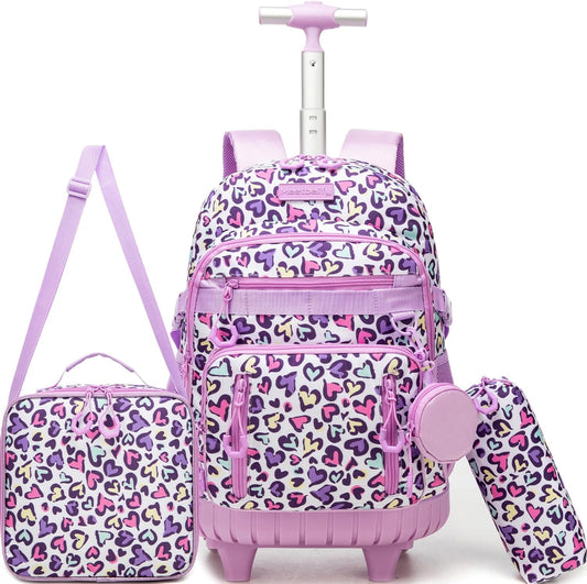 Rolling Backpacks for Kids Backpack for Girls with Lunch Bag Pencil Case 16.5" Kids Backpack with Wheels Roller Backpacks for Girls