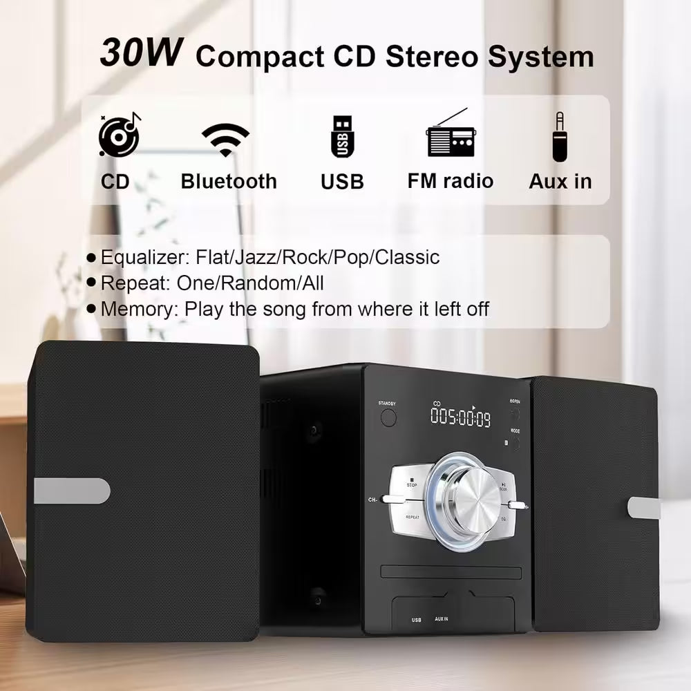 30W Hifi Home Stereo System-Cd Player, FM Radio, Bluetooth, AUX/USB, Earphone Jack, Remote Control