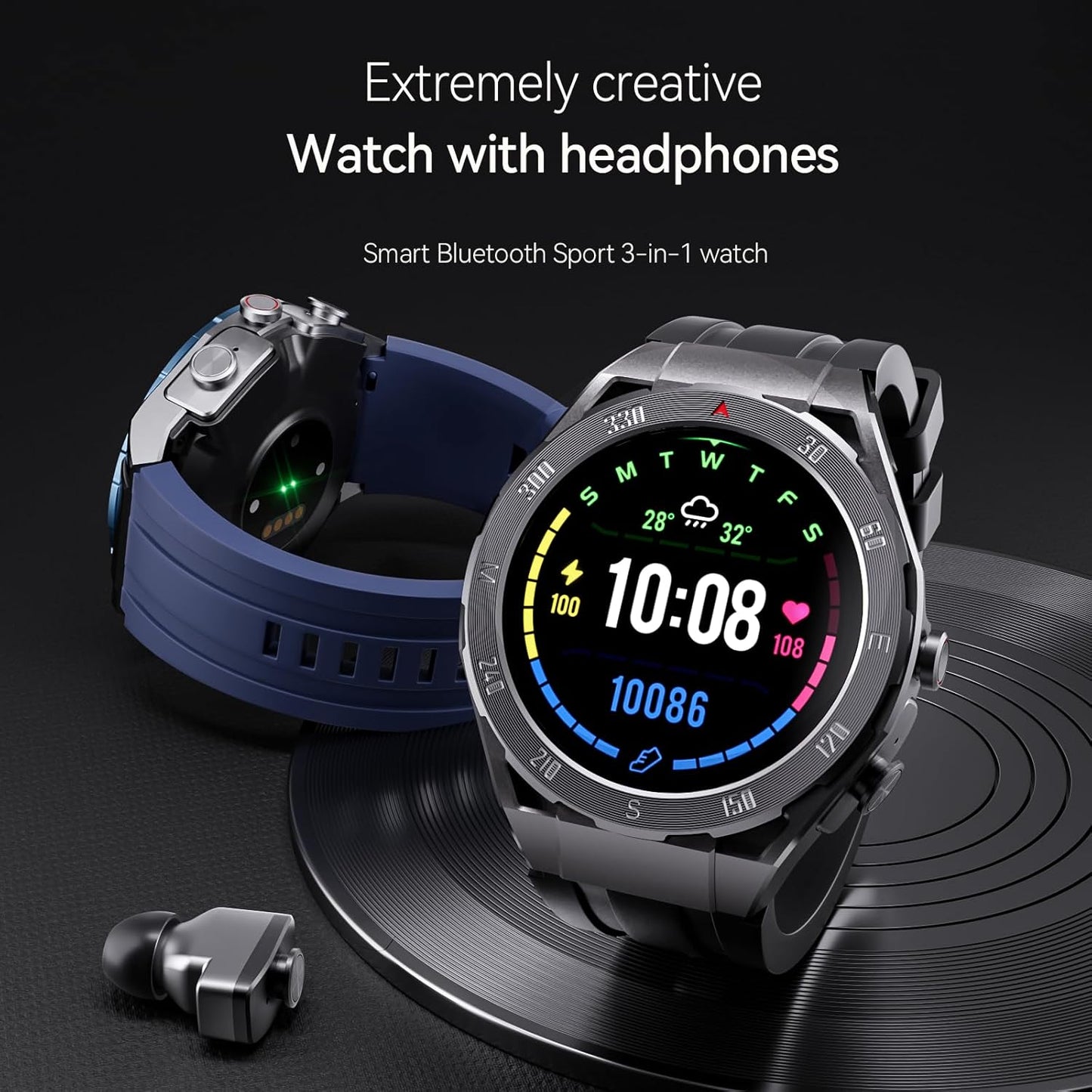 F33 Smart Watch with Earbuds 3 in 1 MP3 Bluetooth Headset 1.43 Inch Smartwatch Built-In Wireless Earbuds Speaker round Fitness Tracker Body Health Monitor 4GB Memory Local Music Player (Light Blue)