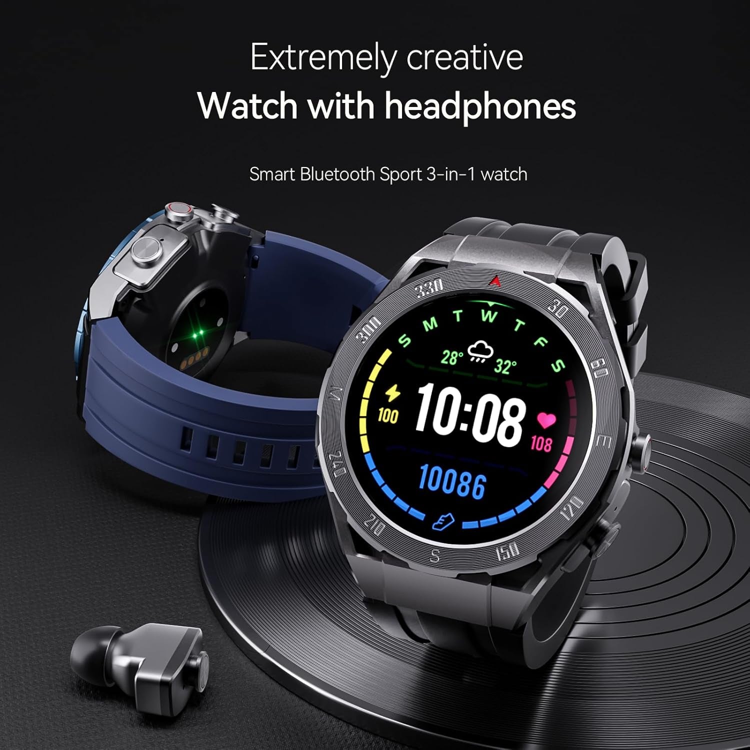 F33 Smart Watch with Earbuds 3 in 1 MP3 Bluetooth Headset 1.43 Inch Smartwatch Built-In Wireless Earbuds Speaker round Fitness Tracker Body Health Monitor 4GB Memory Local Music Player (Light Blue)