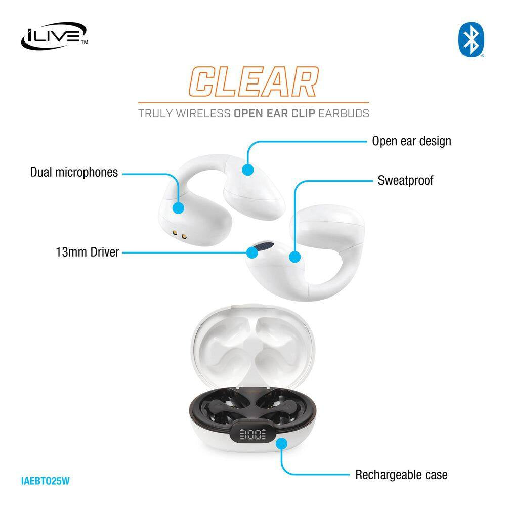 White Truly Wireless Bluetooth Open Ear Clip, Supports Siri and Google Assistants, Sweatproof Earbud and In-Ear