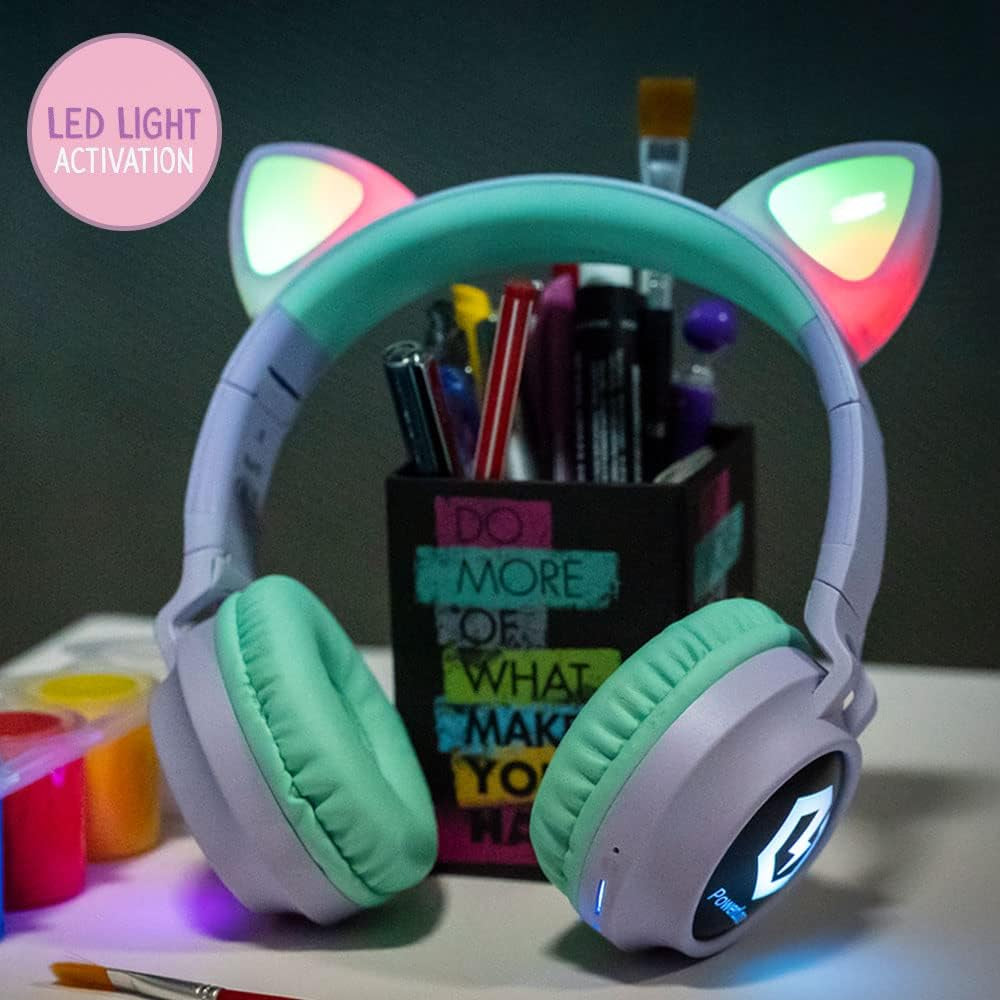 Kids Cat Ear Headphones, Bluetooth 5.3 Wireless, LED Lights, Safe Volume Limit, Micro SD/TF, for Ipad, Tablet, Travel (Purple/Teal)
