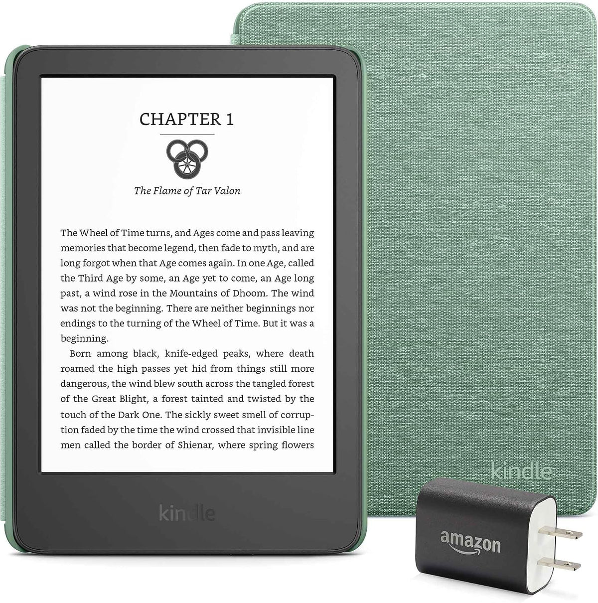 Kindle Essentials Bundle Including Kindle (2024 Release) - Black, Fabric Cover - Matcha, and Power Adapter