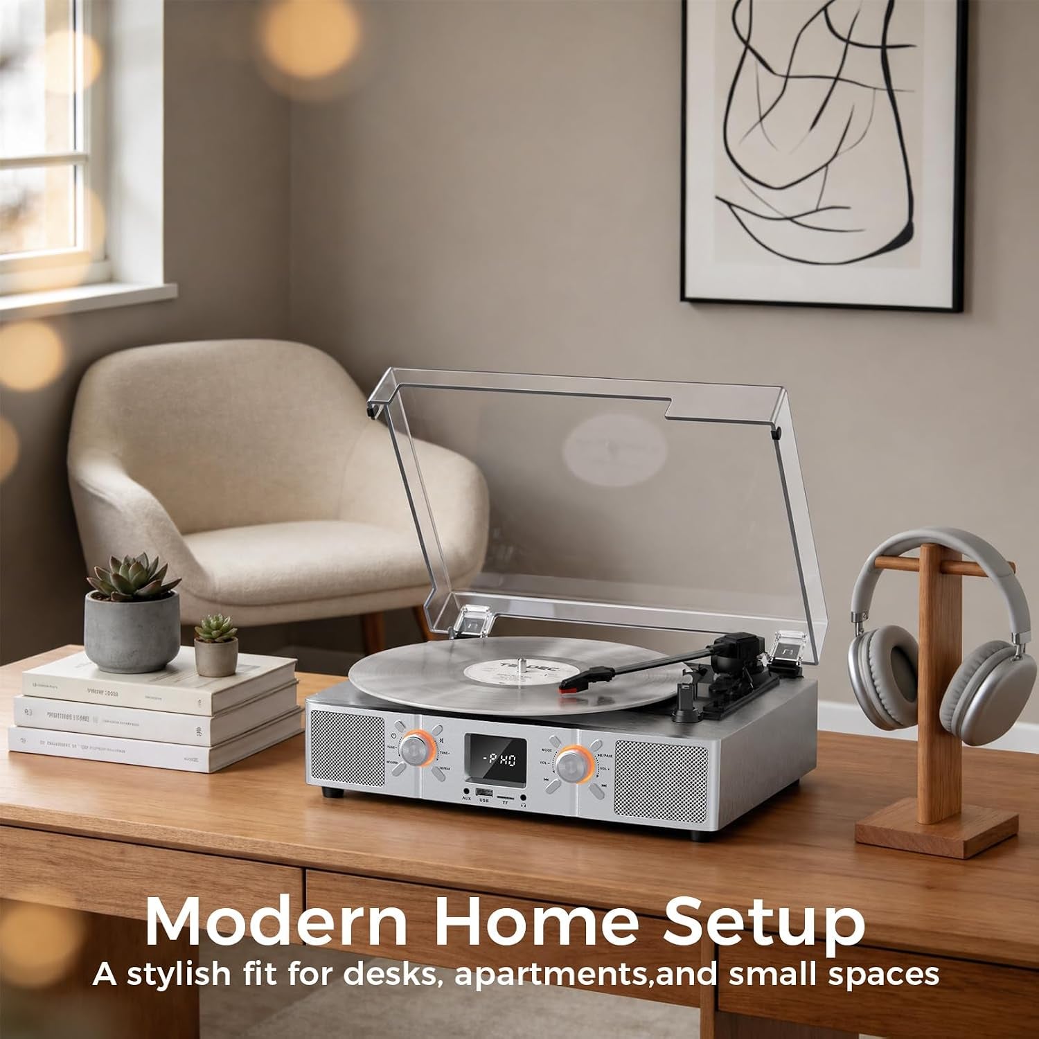 Vinylslink Vinyl Record Player with Speakers, Bluetooth Turntable, 3-Speed LP Player with Auto Stop, USB/TF Playback and Recording, FM Radio, LED Display, RCA Out, AUX In, Headphone Jack, Silver