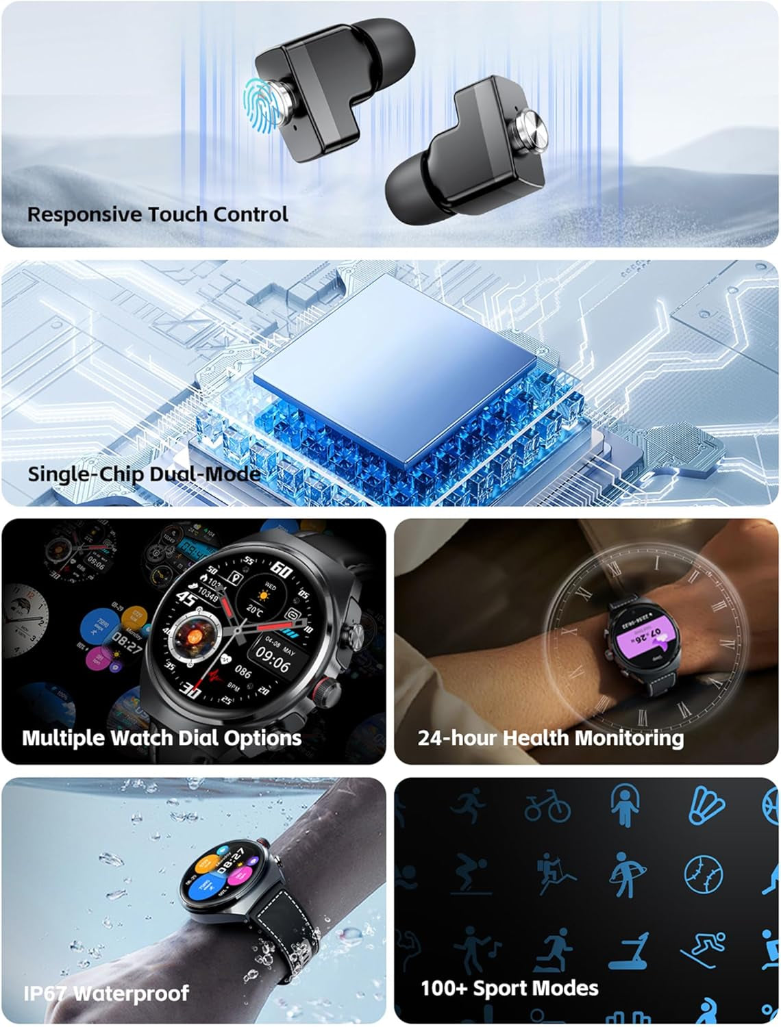 Smart Watch with Earbuds for Android Iphone,Round 1.53”HD Big Screen (Make/Answer Calls) Fitness Tracker,All-In-One Smartwatches Long Time Standby TWS Music Watch for Men Women