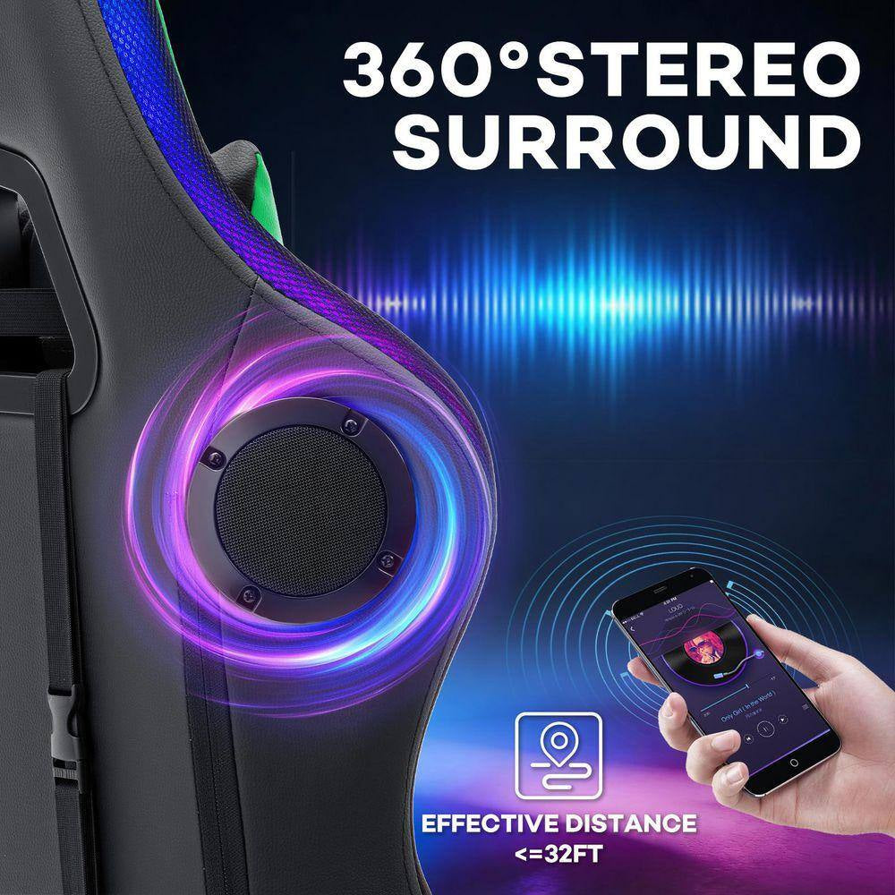 Faux Leather Gaming Chair with Speakers and Massage Ergonomic Music Rhythm LED Lights Game Chair in Green with Footrest