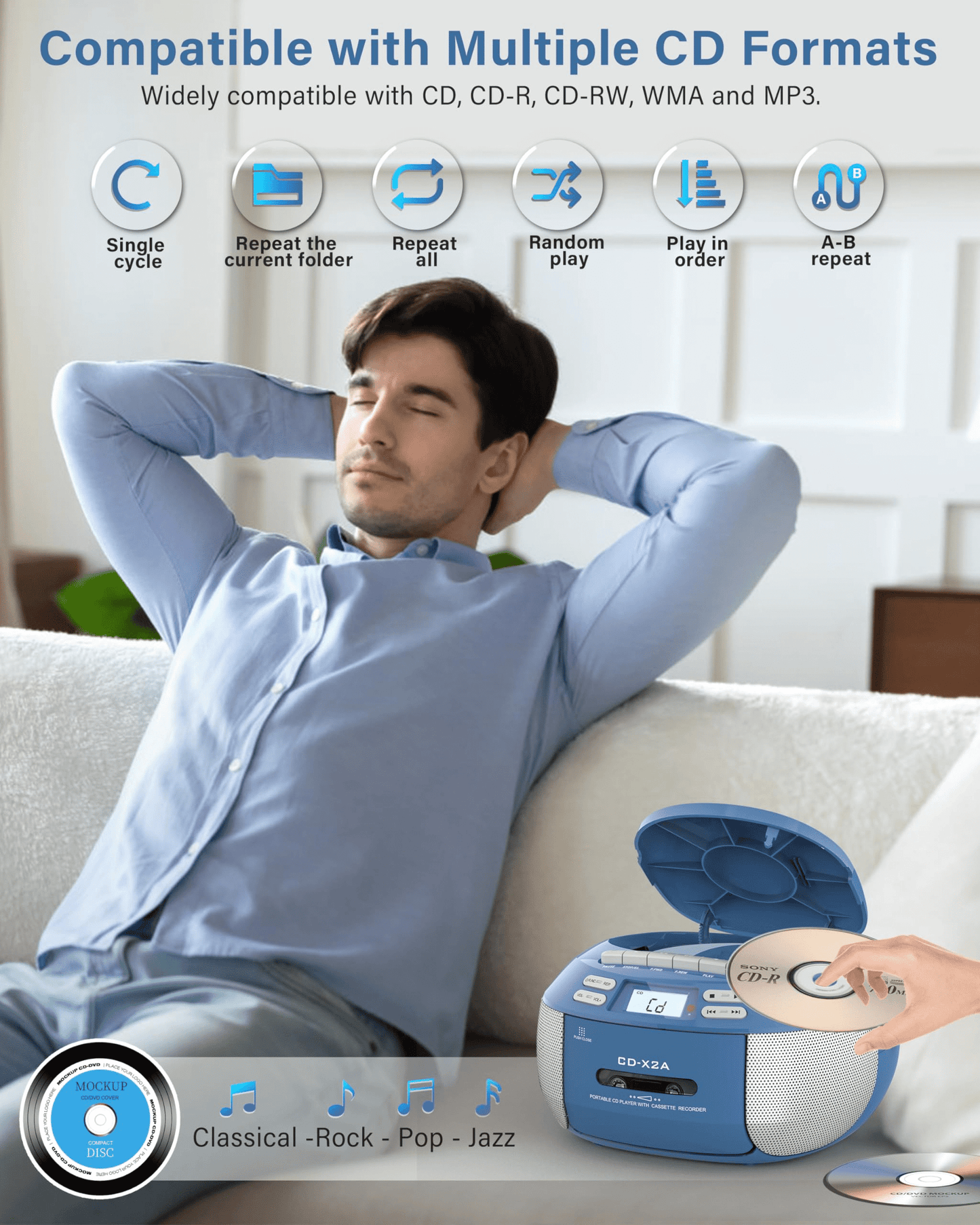 CD Player Combo with Bluetooth, Boombox Cassette Portable CD Players, Support AM FM Radio/Remote Control/Aux/Usb/Earphone, Ac/Battery Operated, LCD Display for Home,Kids,Gift (Blue)