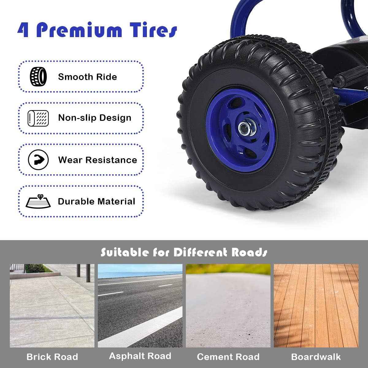 Go Kart for Kids, 4 Wheel Pedal Powered Go Cart with Steering Wheels & Adjustable Seat, Safety Hand Brake, Non-Slip Tires, Outdoor Off-Road Racer Ride on Pedal Car for Boy Girl (Blue)