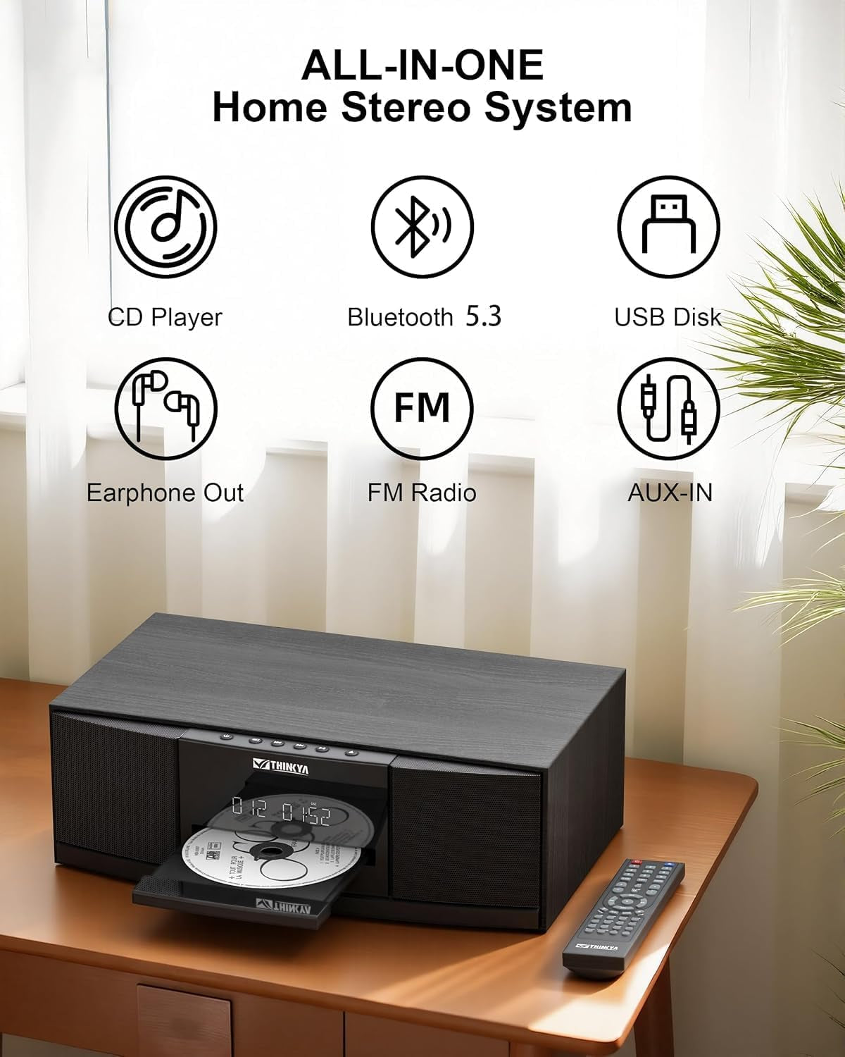 Bluetooth CD Player for Home Stereo System with FM Radio, Remote Control | 36W RMS Clear Stereo Sound, USB/AUX Input, Retro Wooden Design, Ideal Gift for Seniors & Music Lovers (No Clock or Alarm)