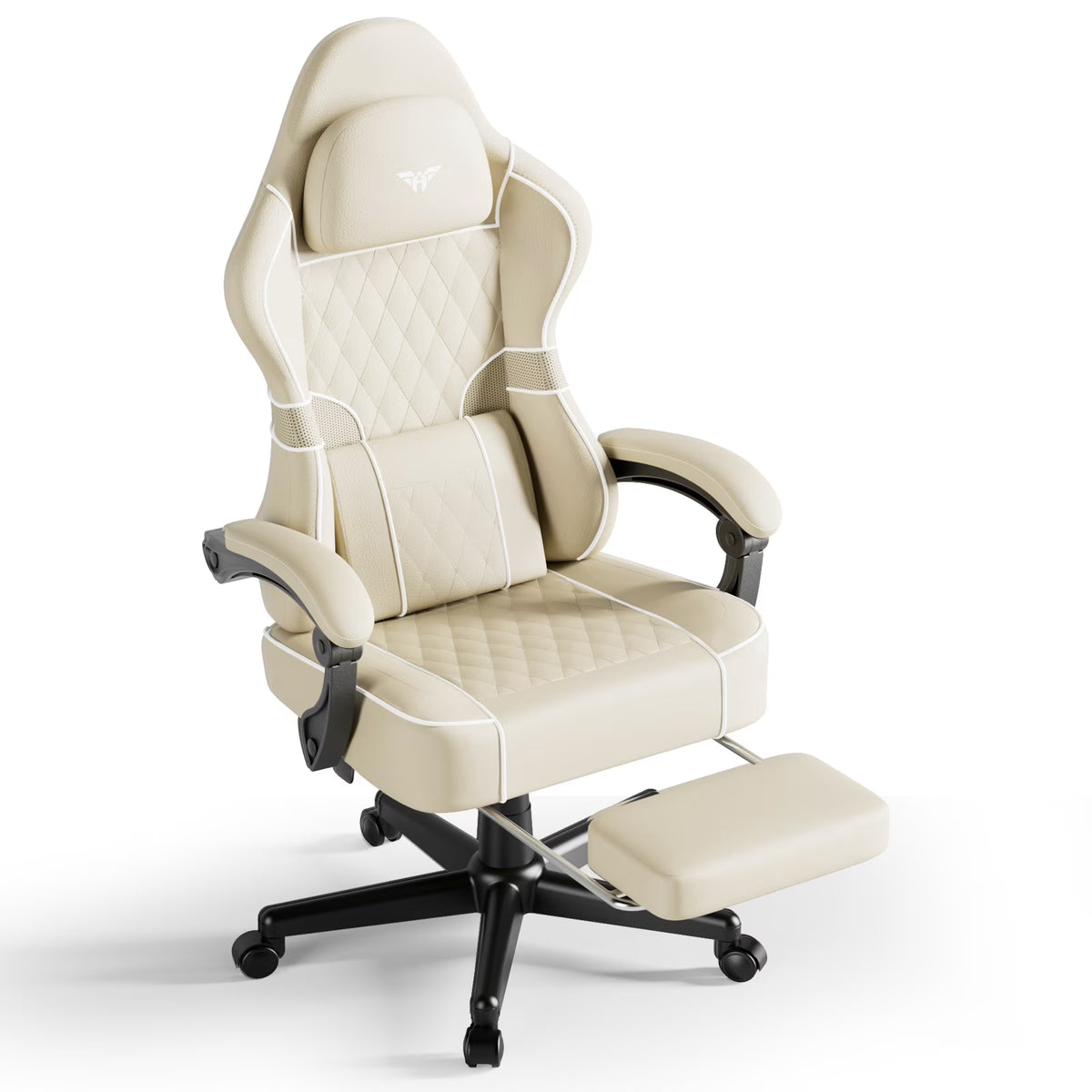Gaming Chair for Adults, Ergonomic Gamer Chair with Footrest and Massage Lumbar Cushion, High Back Swivel Comfortable Video Game Chair, Adjustable Height Computer Office Chair, Beige